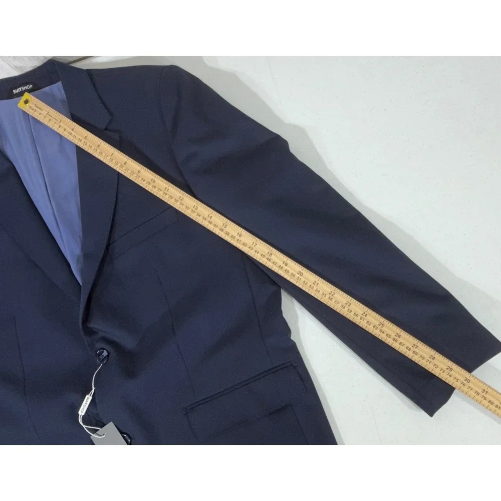 SuitShop Blazer 46S Navy Blue Slim Fit Stretch Two-Button Suit Jacket READ
